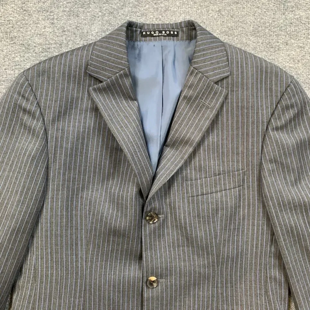 Vintage Hugo Boss Blazer Mens 38S Short Gray Wool Rossellini Pinstripe 3-Button